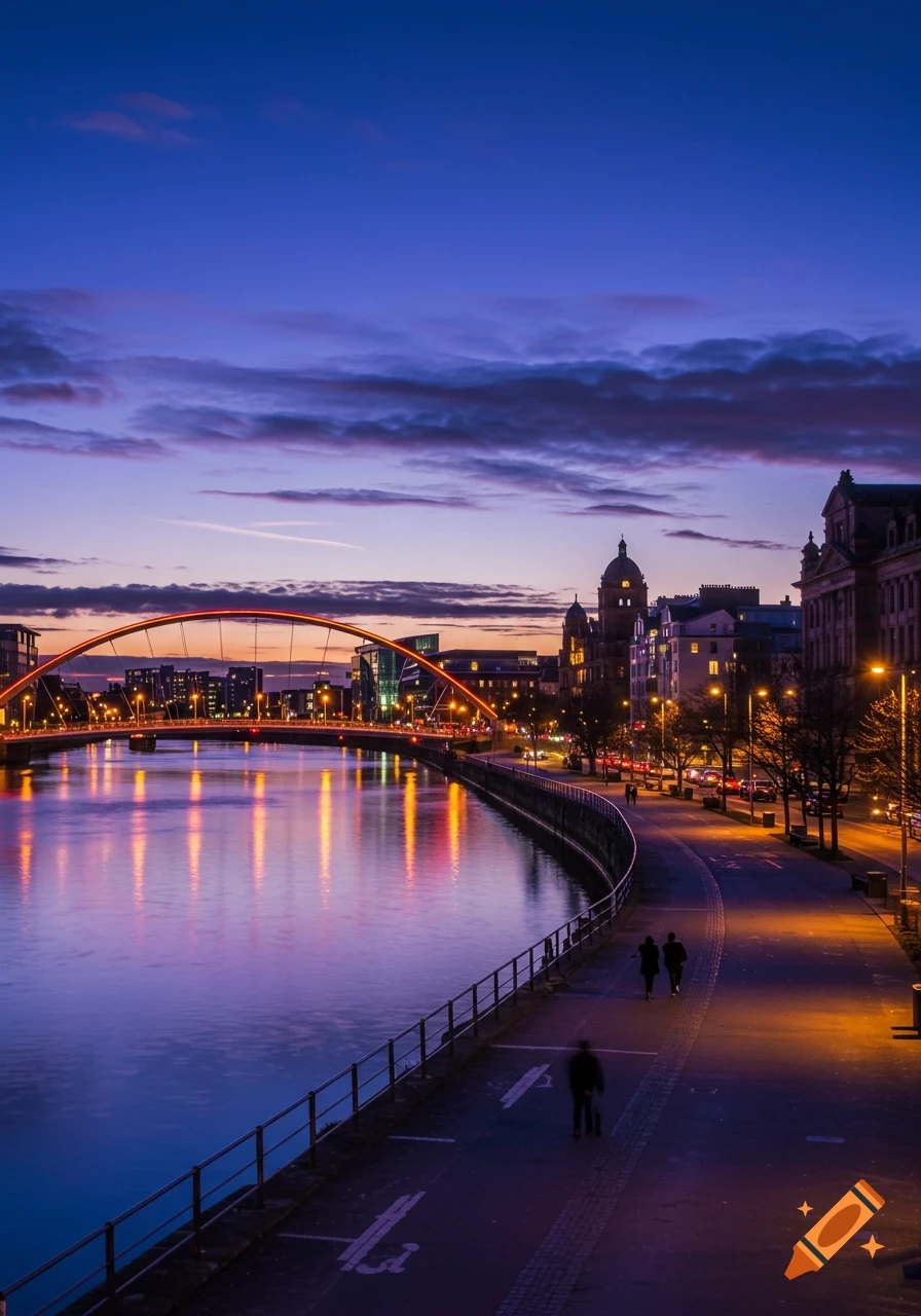 A photorealistic cityscape at dusk with a vibrant blue sky, an illuminated arch bridge over a river, and city lights reflecting on the water.