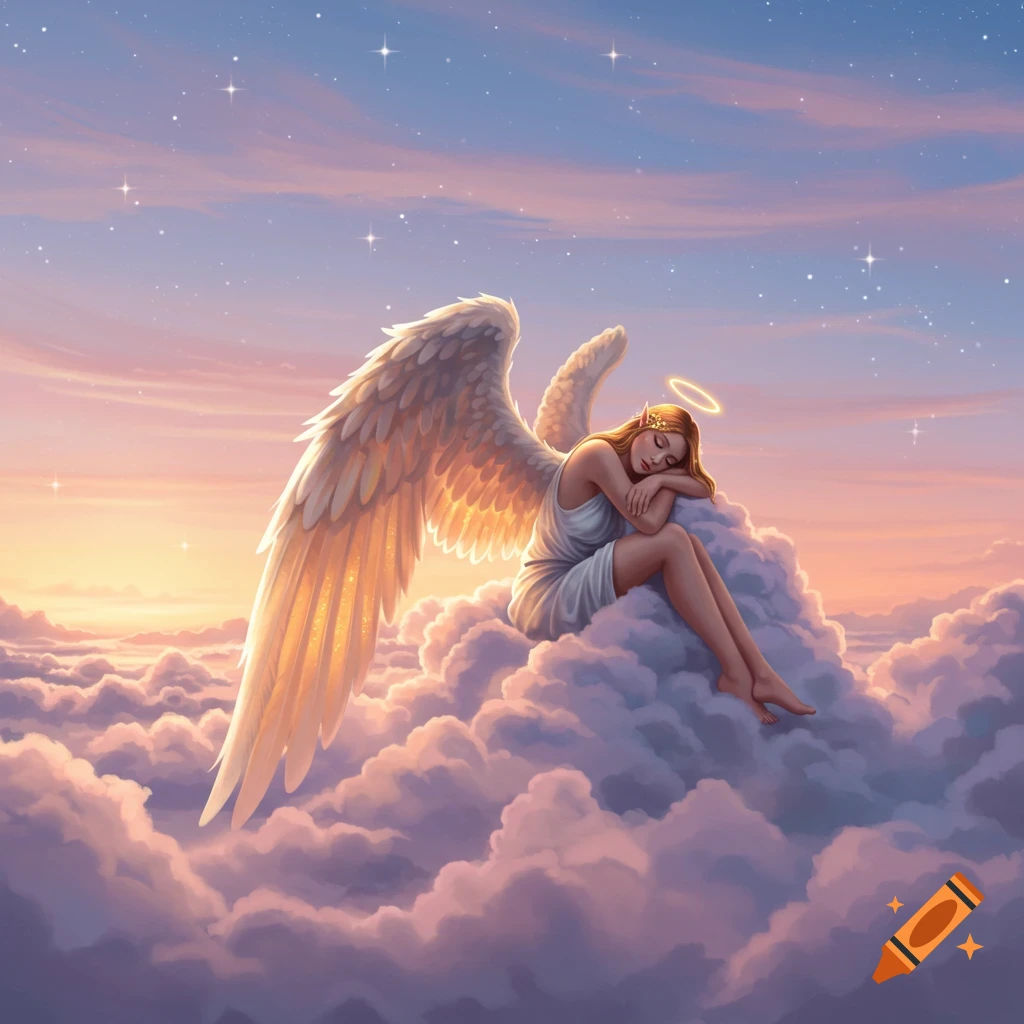 A dreamy illustration of a sleeping angel with large wings resting on soft clouds in a starry sky at dawn.