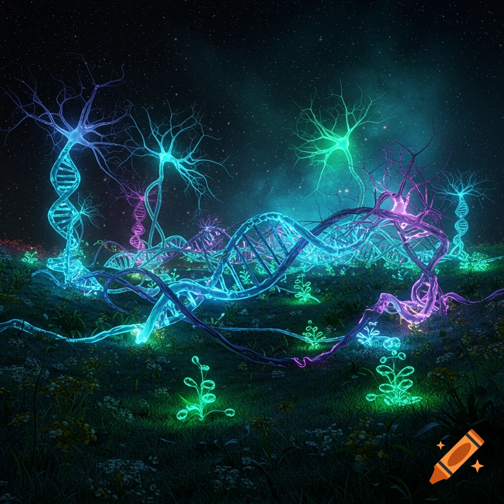 Bioluminescent DNA strands and glowing neuron trees in a fantastical night garden under a starry sky, digital art.