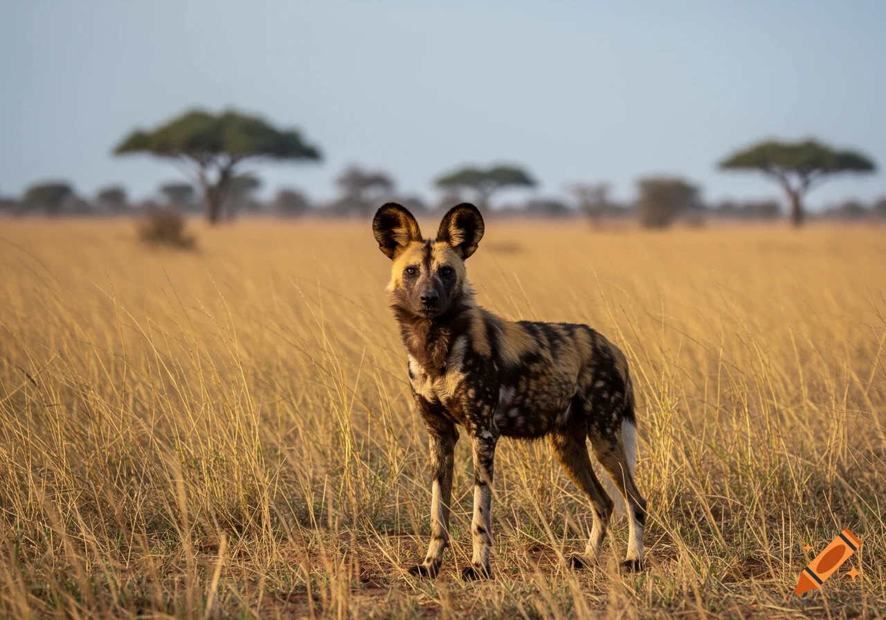 An African wild dog stands in a dry grass savanna with acacia trees in the background.