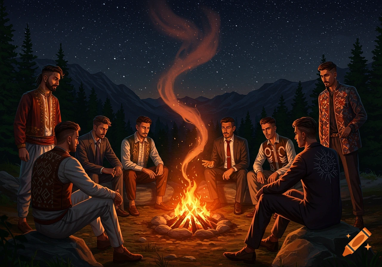 Men in diverse clothing sit around a warm campfire in a forest at night, with mountains and a starry sky in the background.