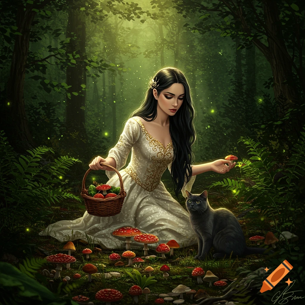 A fantasy illustration of a woman in a white dress kneeling in a glowing forest, picking red mushrooms into a basket, with a black cat beside her.
