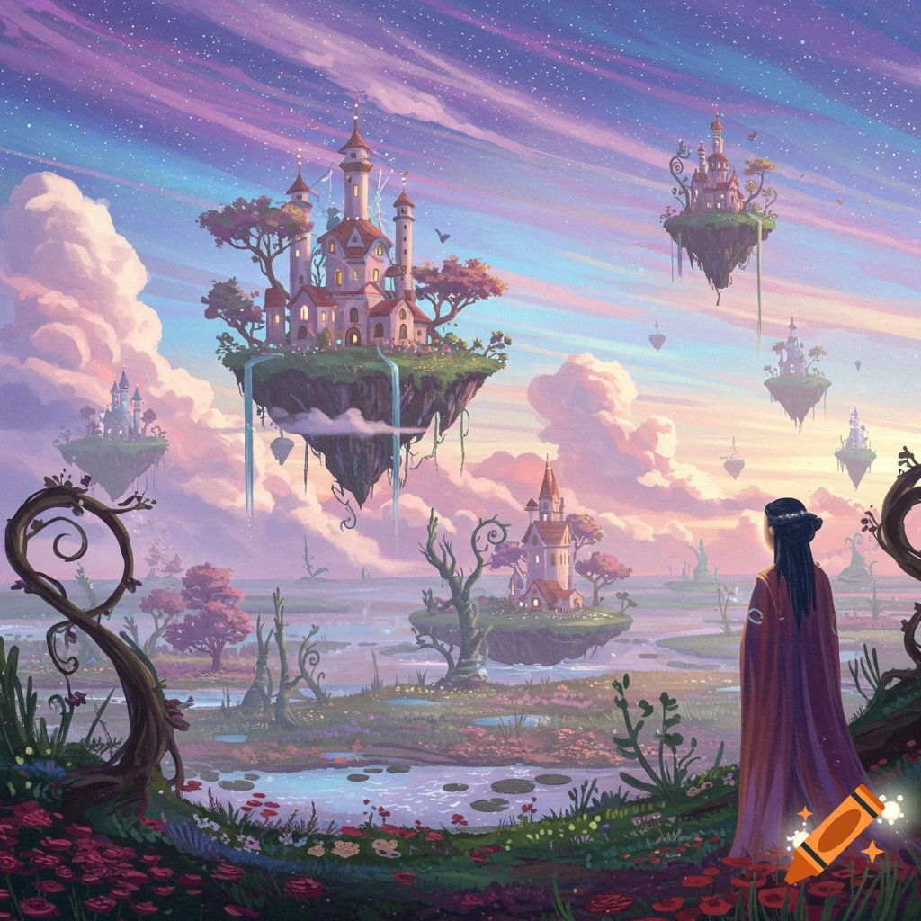 A person views a dreamy fantasy landscape with floating islands and castles, a river, and a pastel starry sky.