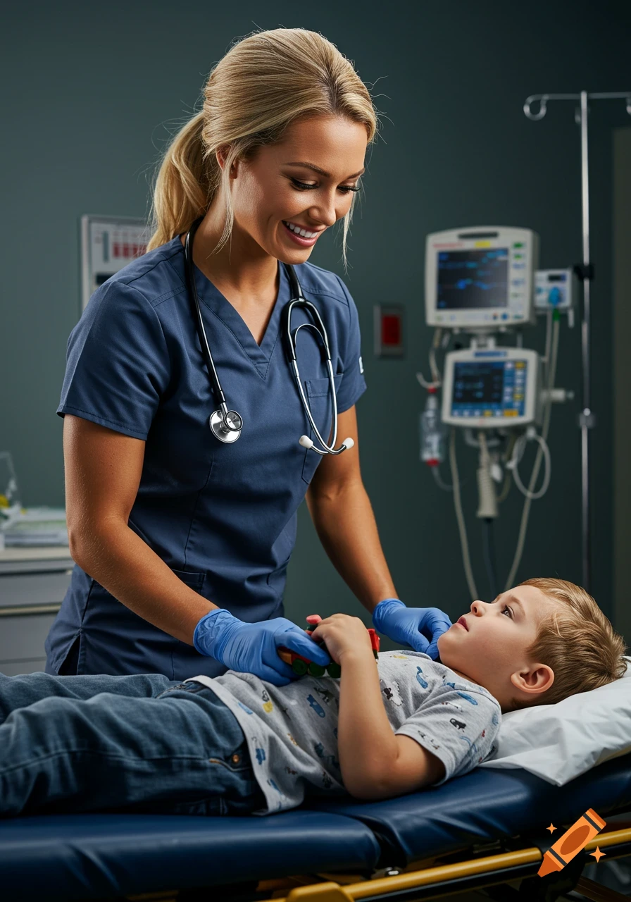 A smiling pediatric nurse in blue scrubs and gloves tends to a young boy lying on a stretcher, holding a toy.