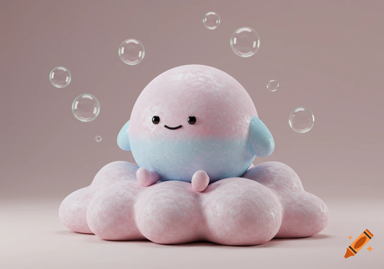 A cute, round pink and blue plush character with a smiling face sits on a pink cloud, surrounded by bubbles.