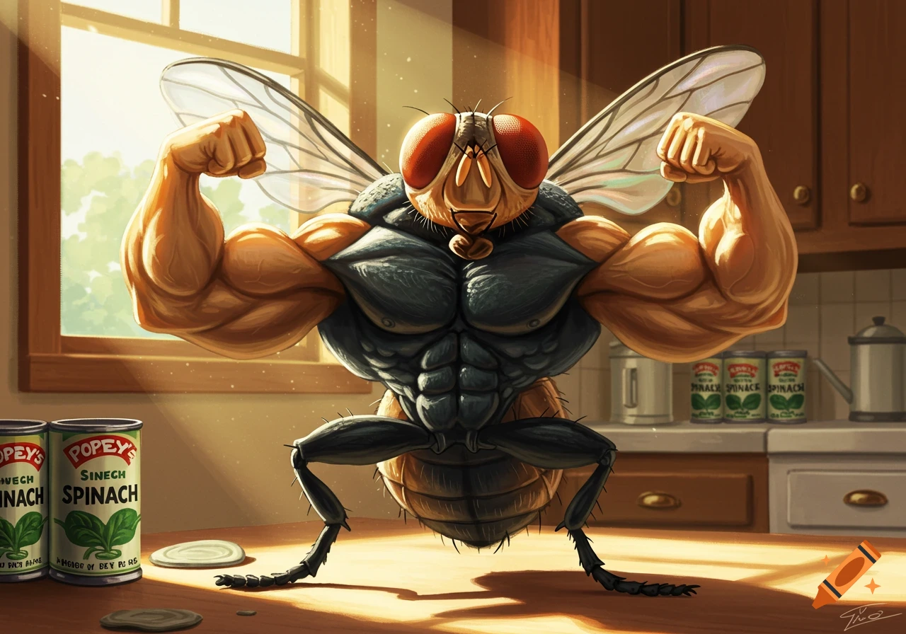 A muscular fly with large red eyes flexes its biceps in a kitchen. Cans labeled "POPEYE'S SPINACH" are on the counter.