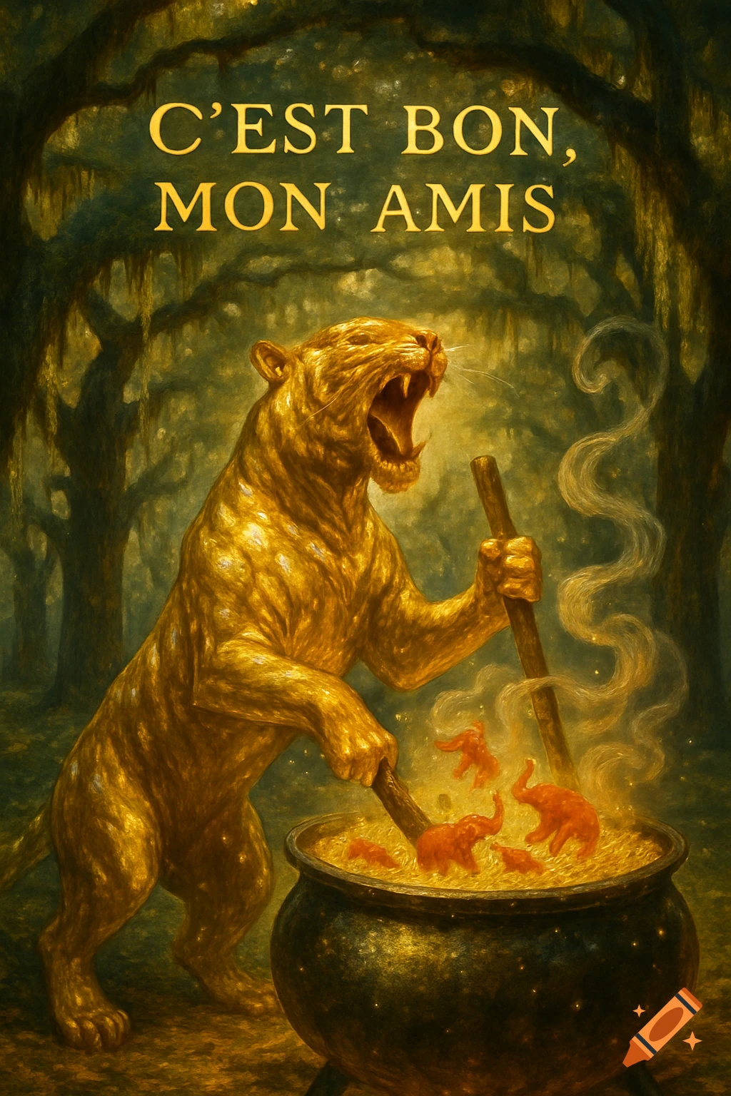 A golden tiger roars while stirring a boiling pot with small red elephants in a dark jungle, with text that reads "C'est Bon, Mon Amis".