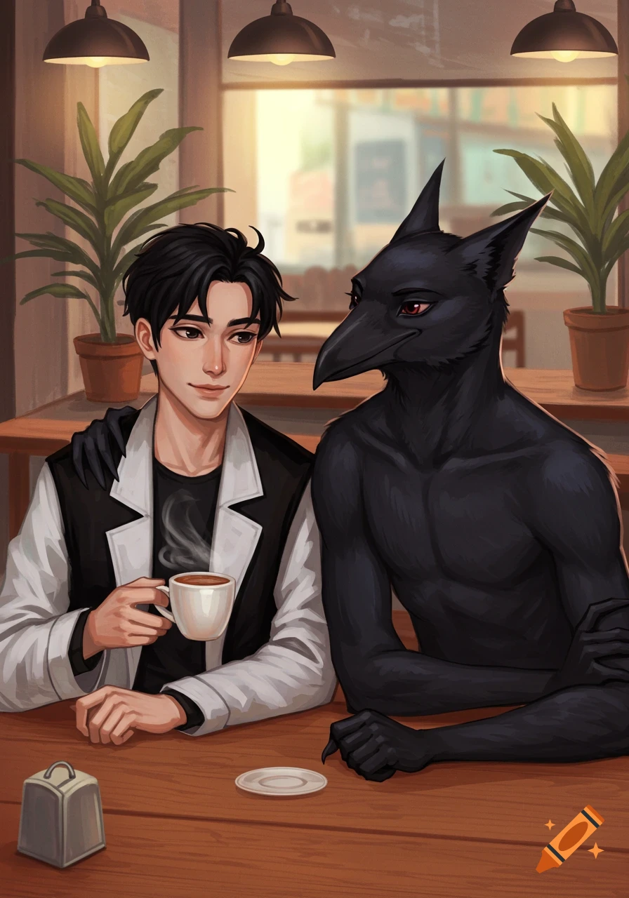 An anime man sips coffee at a cafe table with a black crow-humanoid companion, who has an arm on his shoulder.