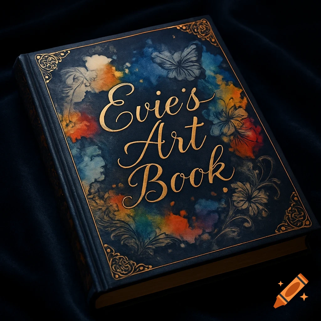 Close-up of a dark blue, ornate book titled "Evie's Art Book" in gold cursive, with colorful watercolor splotches and intricate designs.