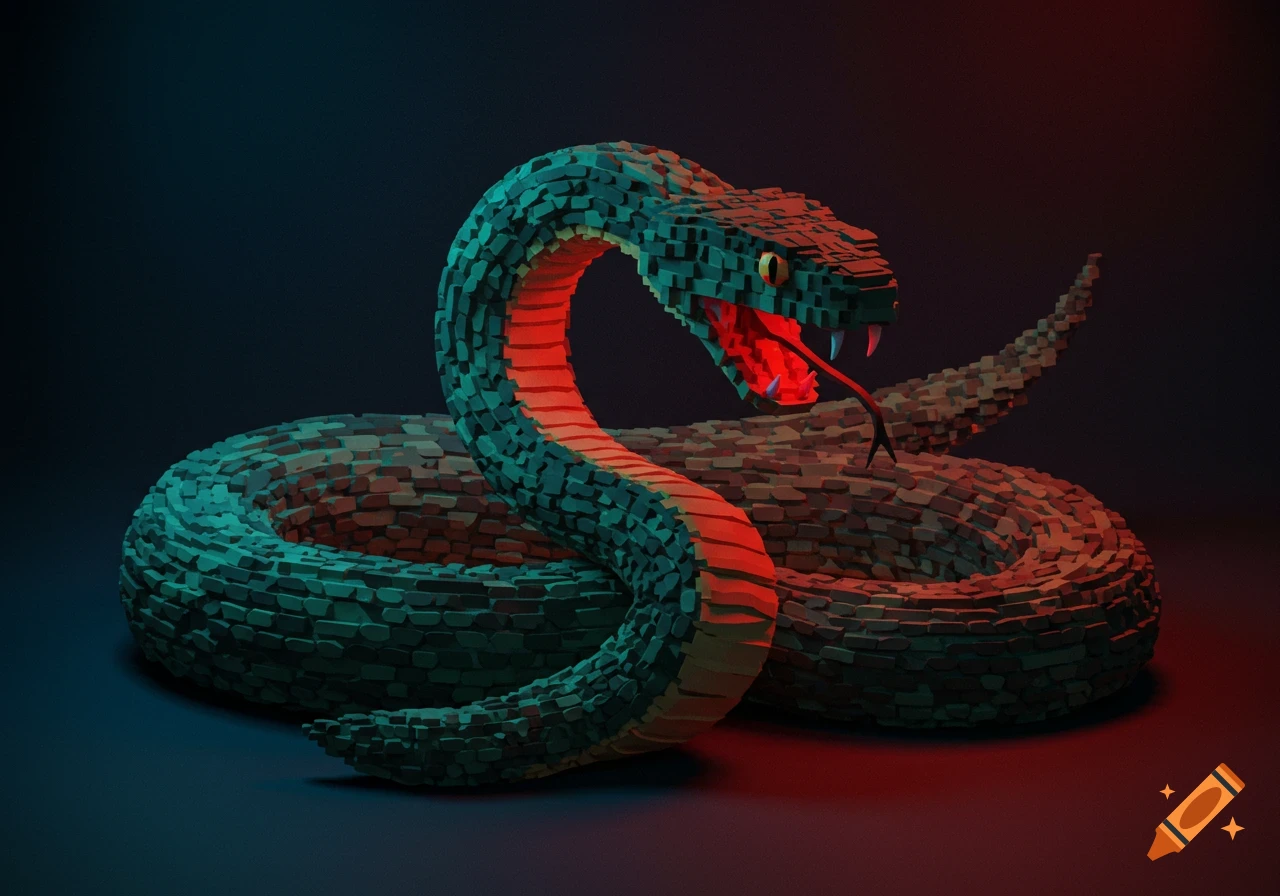A pixelated, aggressive green snake coiled, mouth open with glowing red interior, fangs, and tongue, lit by red and teal.