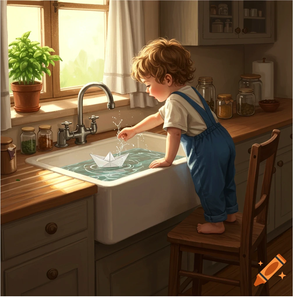 A young child in blue overalls stands on a chair at a sunlit kitchen sink, playing with a paper boat in the water, in an illustration.