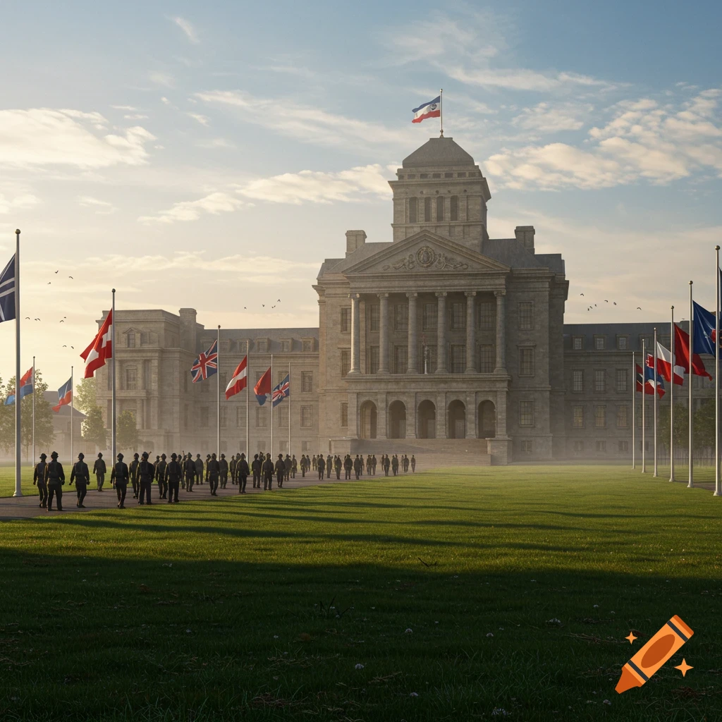 Photorealistic image of soldiers marching on a misty lawn in front of a grand classical building with a dome and many flags.