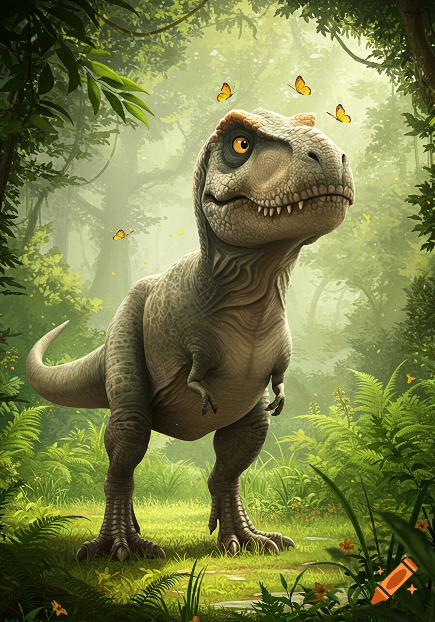 A cute, cartoonish T-Rex with large eyes stands in a vibrant, lush green jungle, looking up at several yellow butterflies.