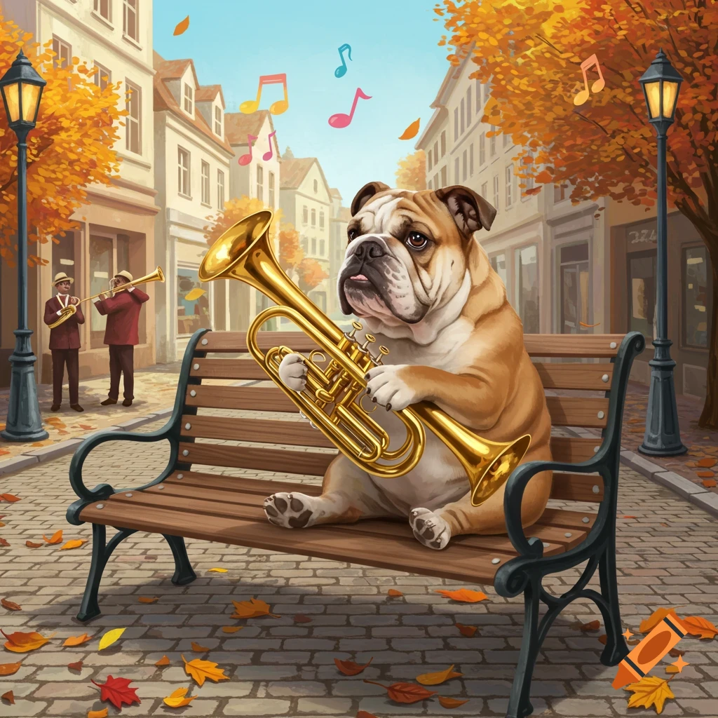 A bulldog sits on a bench playing a golden trumpet in an autumn city street, with musical notes floating around.