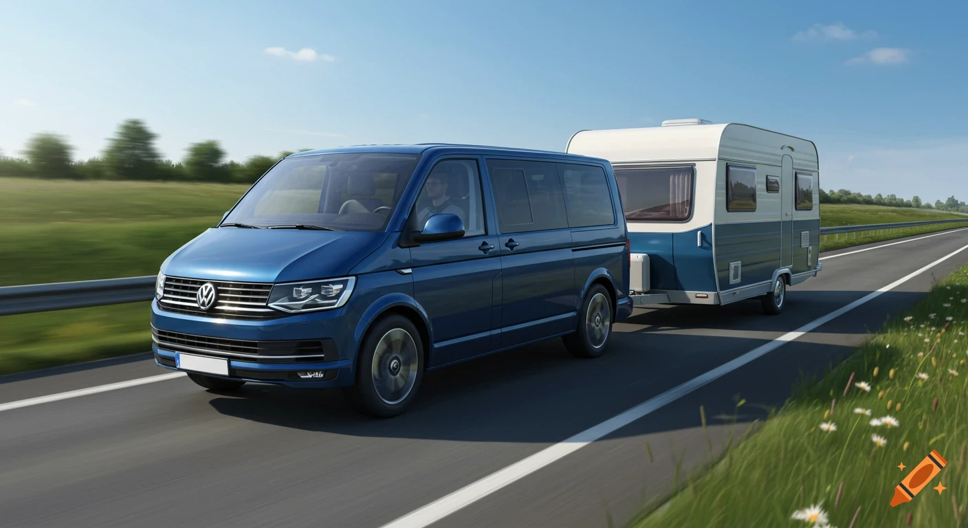 A blue Volkswagen T6 minivan tows a white and blue caravan on a highway with green fields under a clear sky.