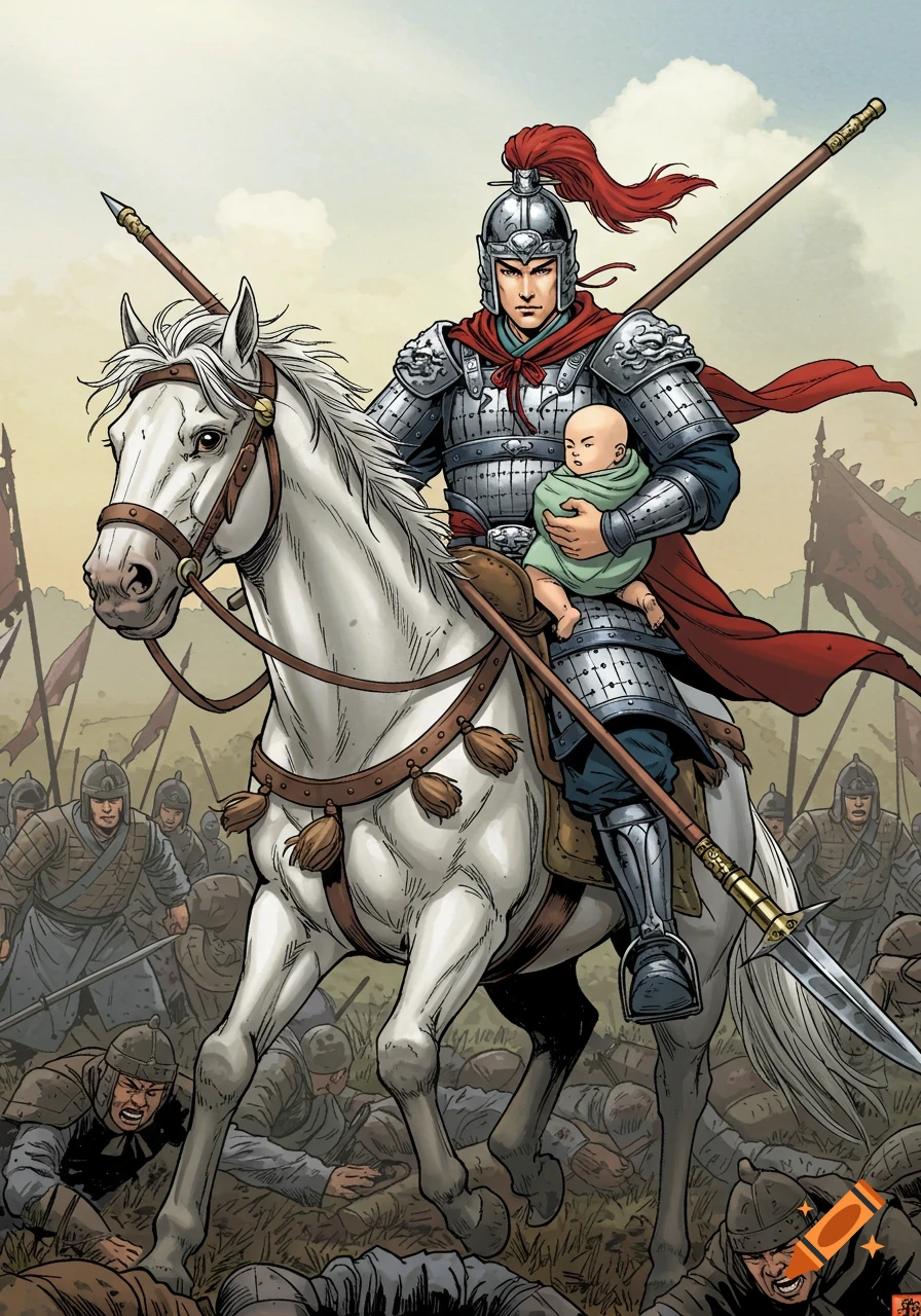 A heroic Chinese general in silver armor with a red plume helmet rides a white horse through a battlefield, holding a baby and a spear, in comic book style.