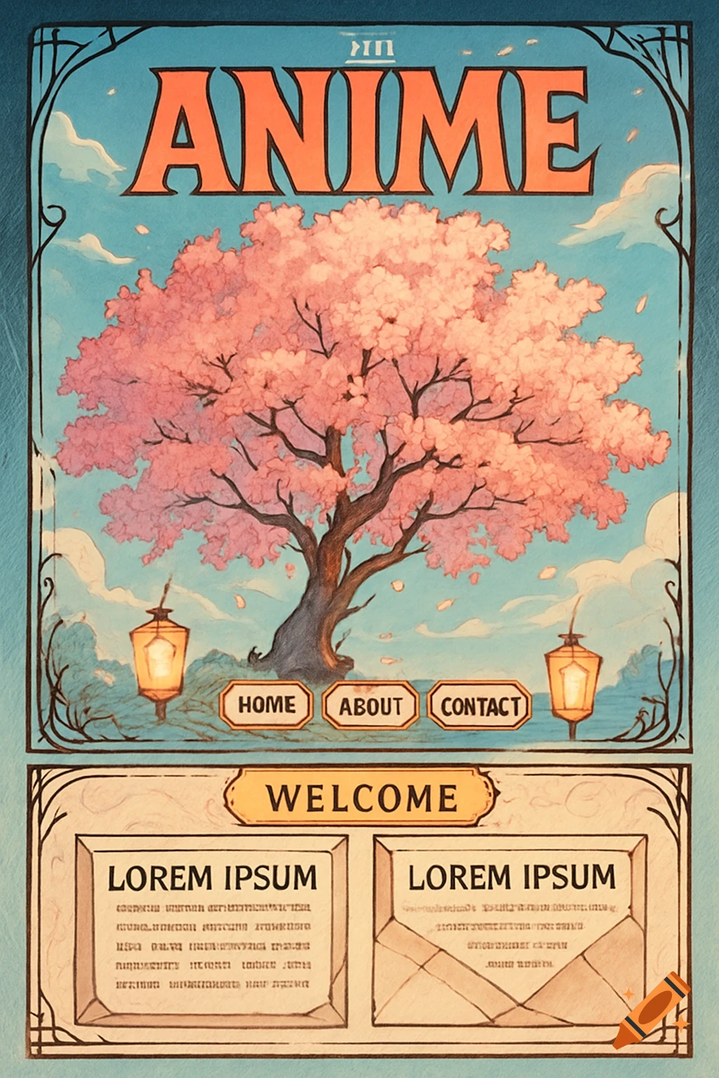 An anime-style website layout featuring a cherry blossom tree, lanterns, and 'ANIME' header in an ornate frame.