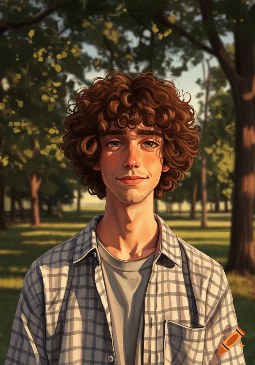 Digital art portrait of a young man with curly brown hair, freckles, and a shy smile, wearing a plaid shirt in a sunny park.