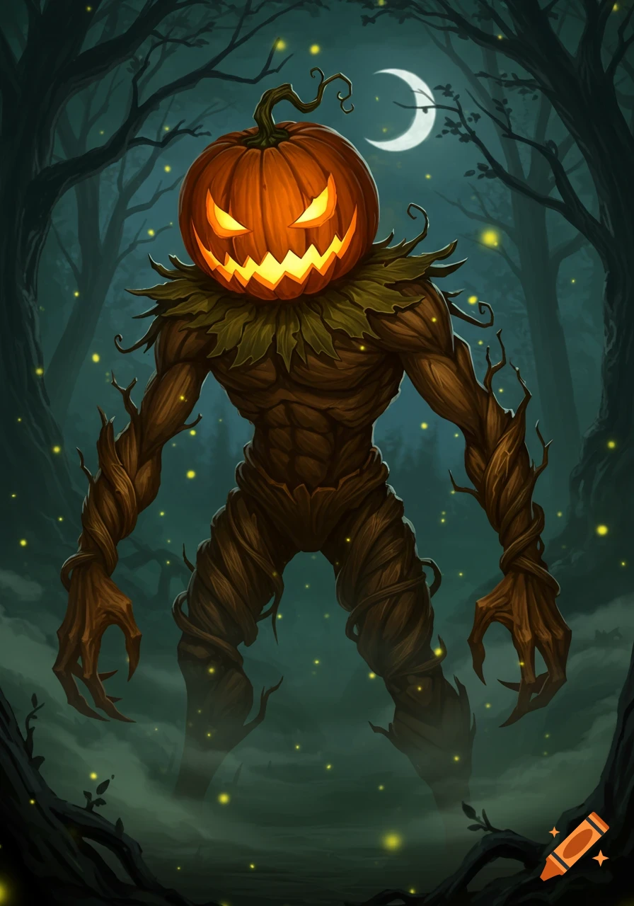 A menacing, glowing jack-o'-lantern head on a humanoid body made of gnarled wood stands in a misty, dark forest under a crescent moon.