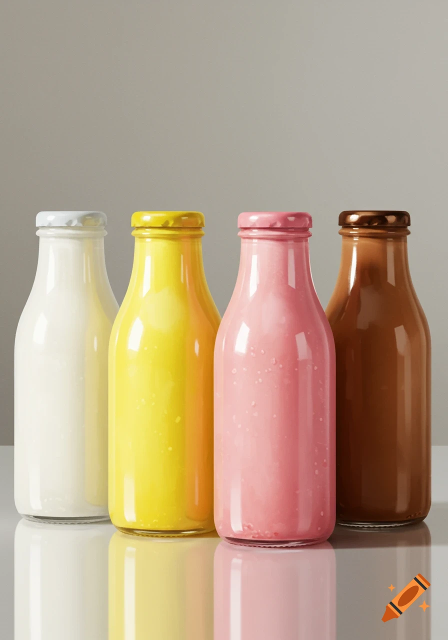 Four photorealistic glass bottles of milk: white, yellow, pink, and chocolate, standing on a reflective surface.