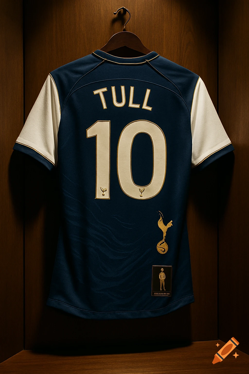 The back of a navy blue and cream football jersey with 'TULL' and the number '10' in gold, along with a golden Tottenham Hotspurs logo, hanging on a wooden wall.