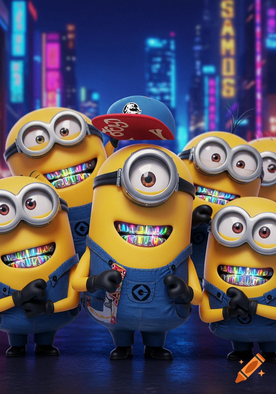 A group of Minions wearing denim overalls and colorful grillz, under a neon city skyline at night.