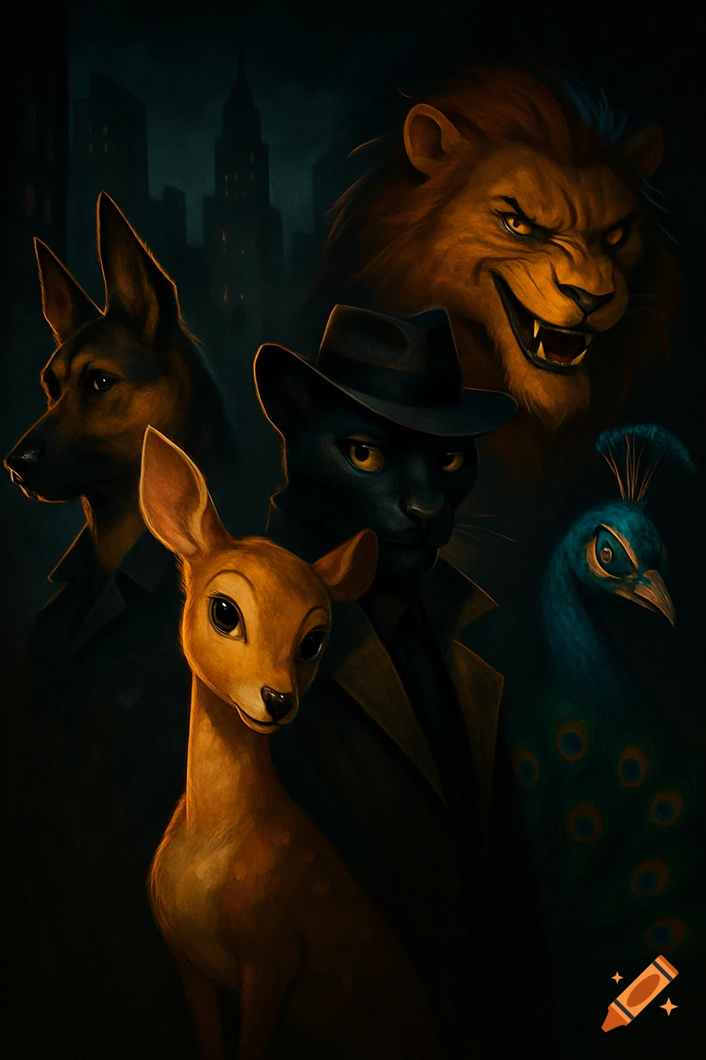 Stylized portrait of anthropomorphic animals: a deer, a panther in a fedora, a German shepherd, a lion, and a peacock, against a dark city.