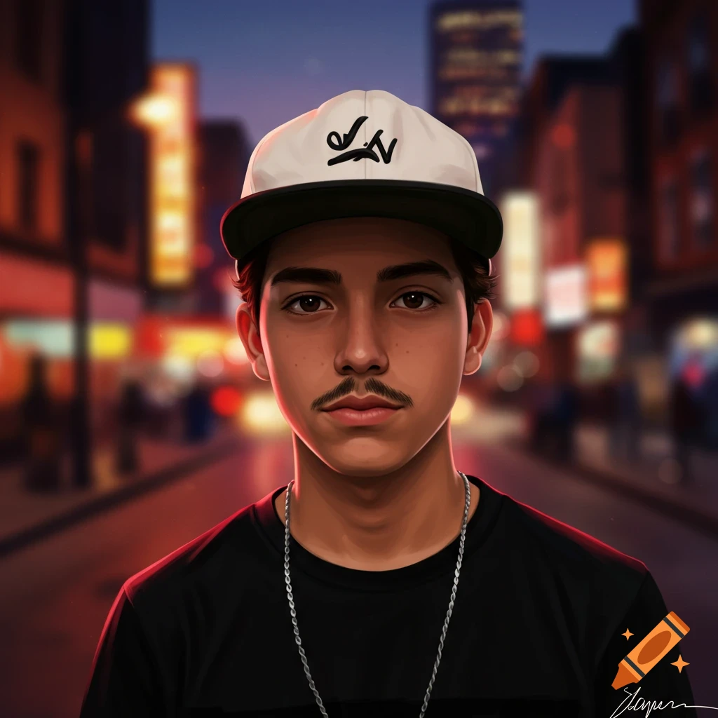 Stylized portrait of a young Hispanic man with a mustache, black shirt, silver chain, and a white baseball cap, on a blurred city street.