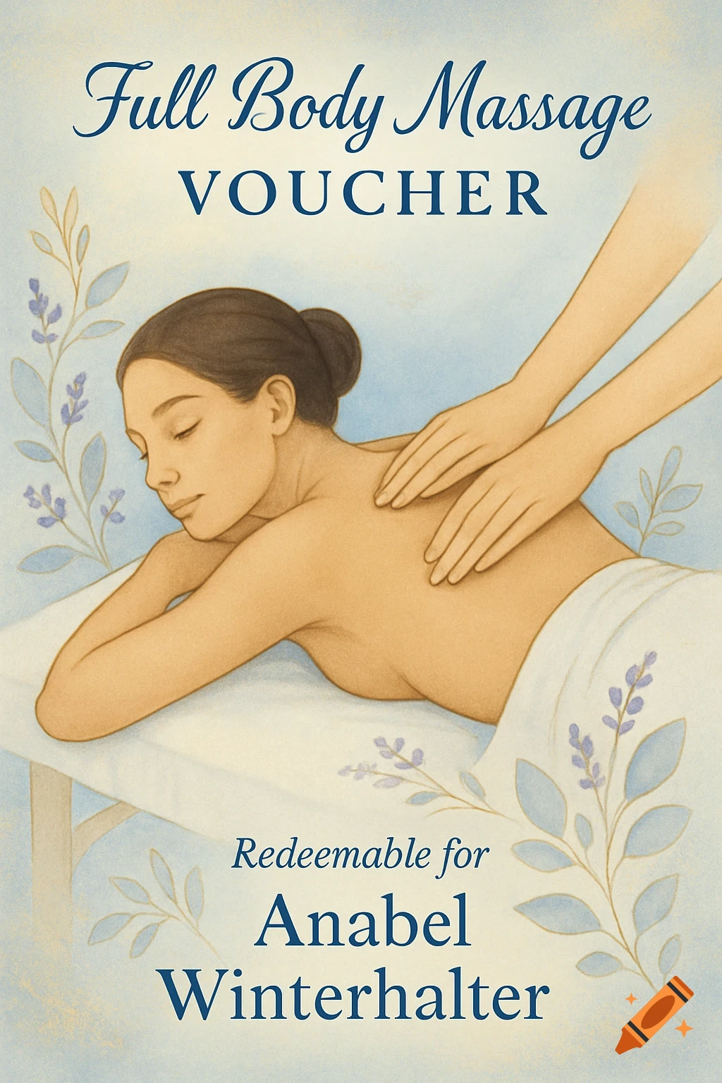 An illustration of a woman receiving a back massage, on a voucher with text 'Full Body Massage VOUCHER' and 'Redeemable for Anabel Winterhalter'.