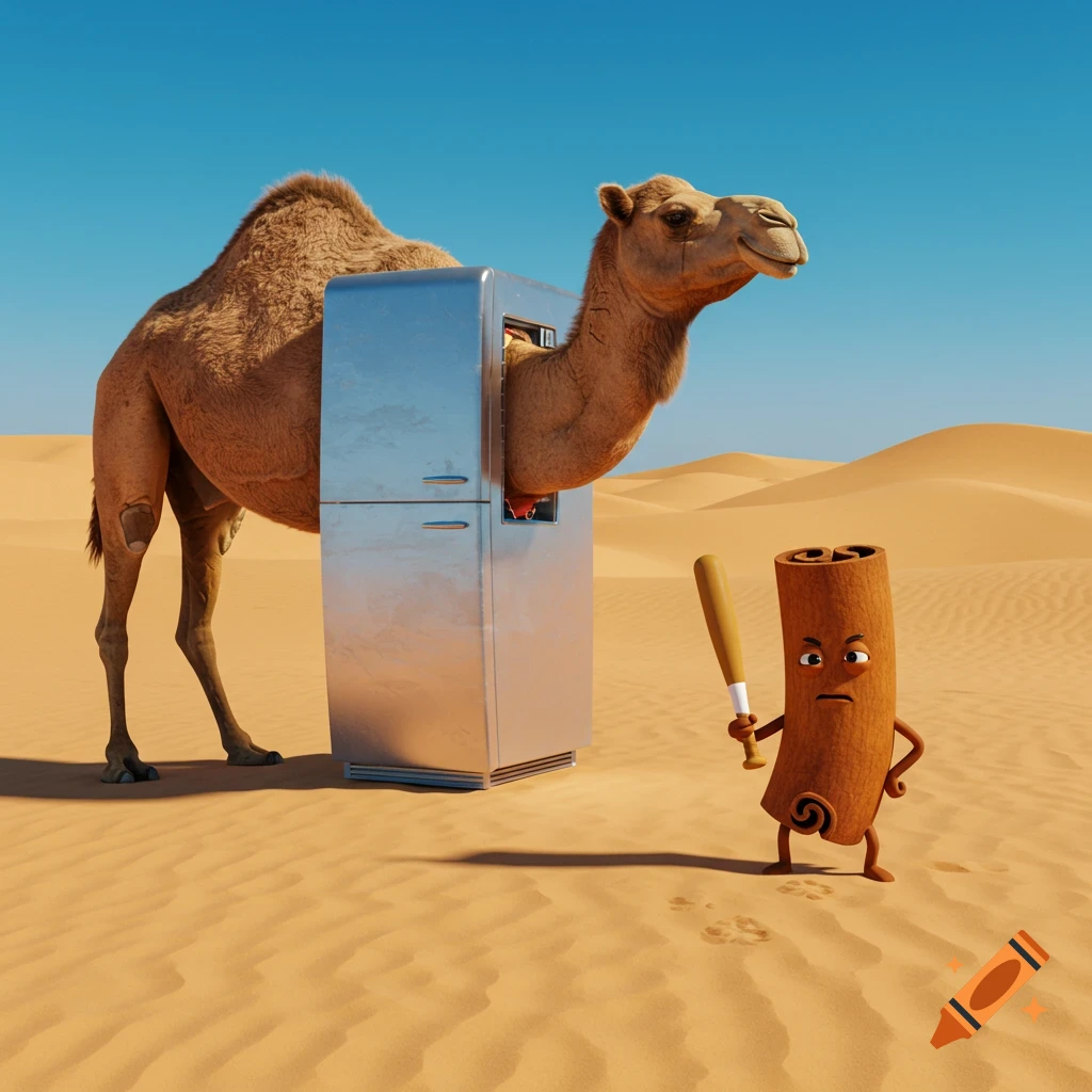 A 3D render of a camel with a fridge on its back in a desert, facing a cartoon cinnamon stick holding a baseball bat.