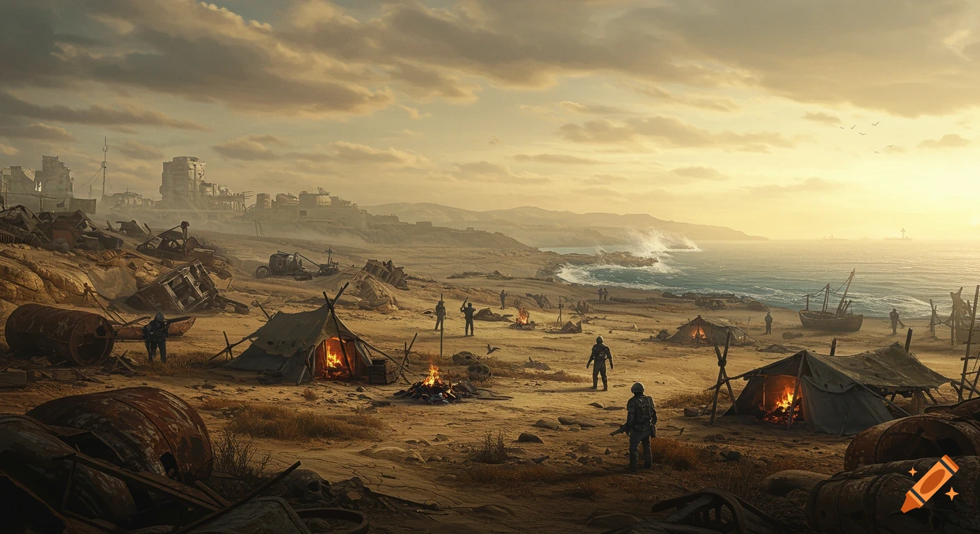 A gritty, post-apocalyptic coastal wasteland at sunset, with survivors camping among debris, fires burning, and ruined cities in the distance.