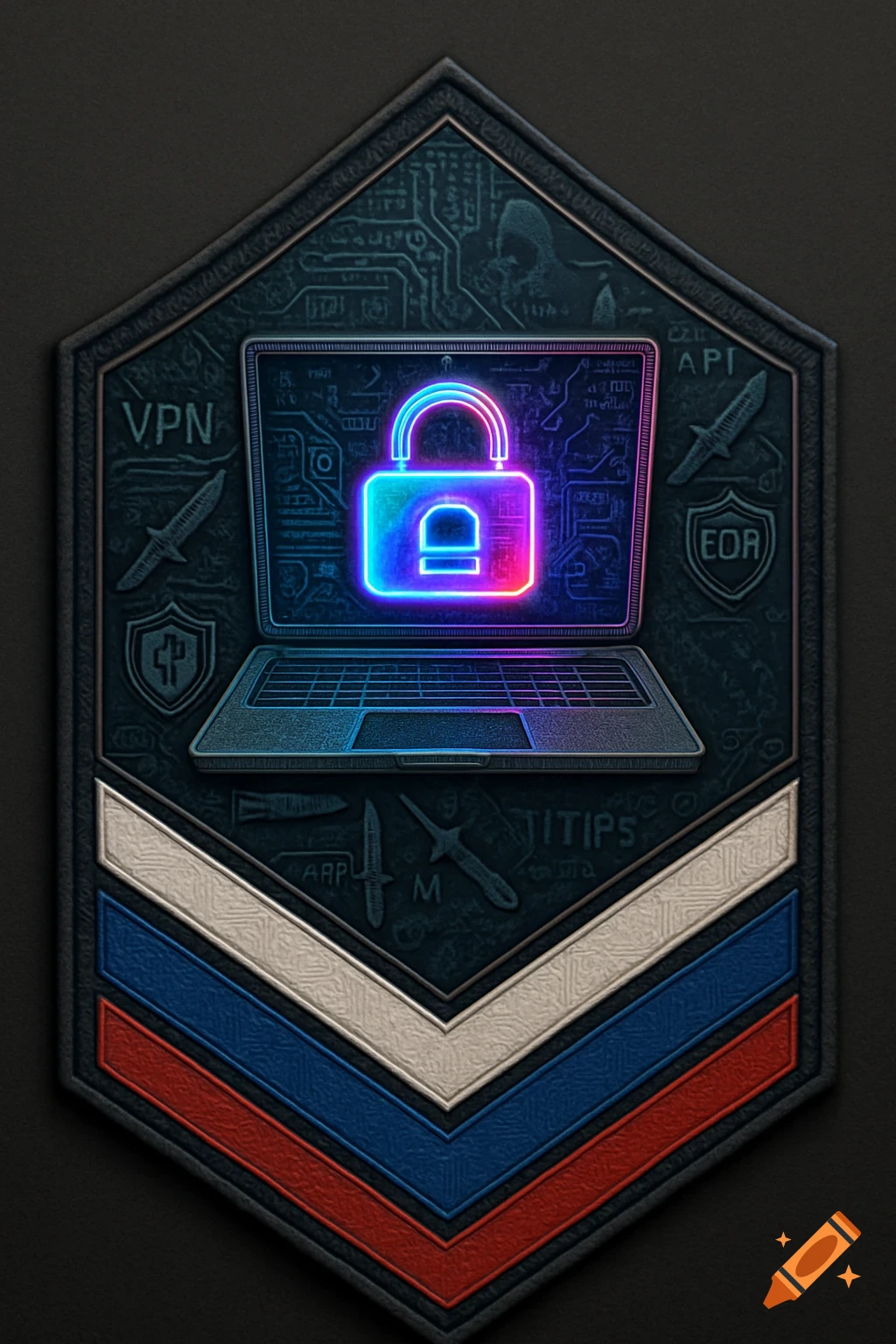 A cyber warfare military-style badge featuring a laptop with a glowing neon padlock, circuit board patterns, and Russian flag colors.