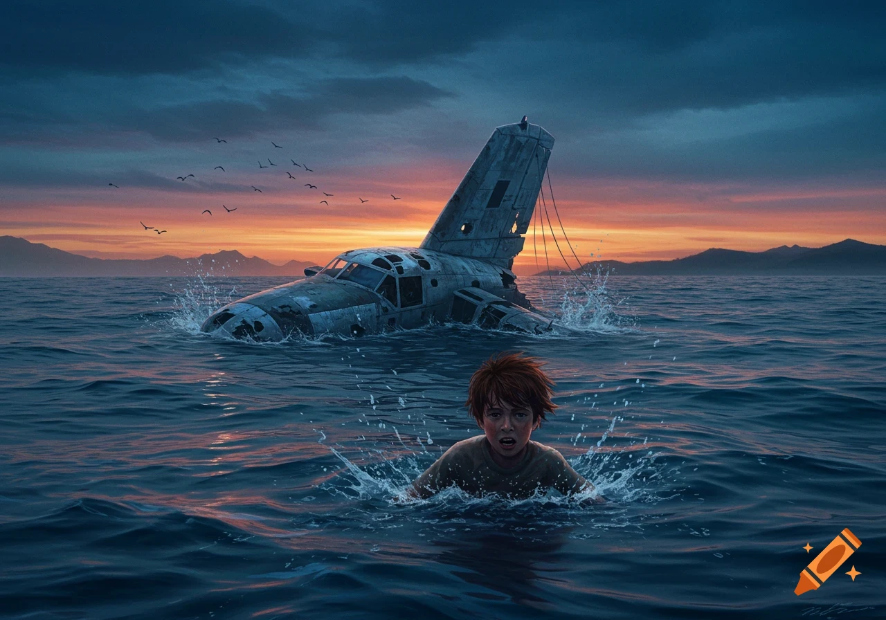 A distressed boy swims in the ocean with a crashed plane wreckage in the background at sunset, photorealistic.