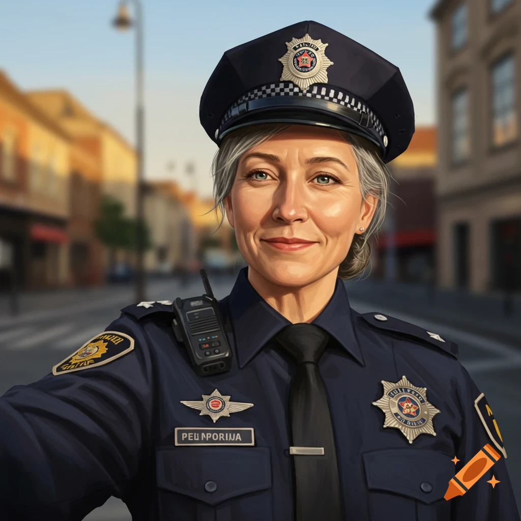A photorealistic portrait of a middle-aged policewoman smiling in uniform on a city street.
