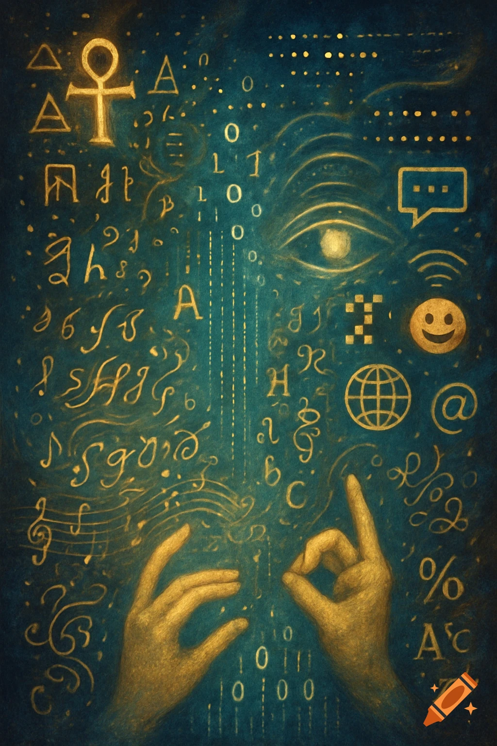 Golden hands gesture among an abstract teal background filled with glowing symbols, letters, binary code, music notes, an eye, and digital icons.