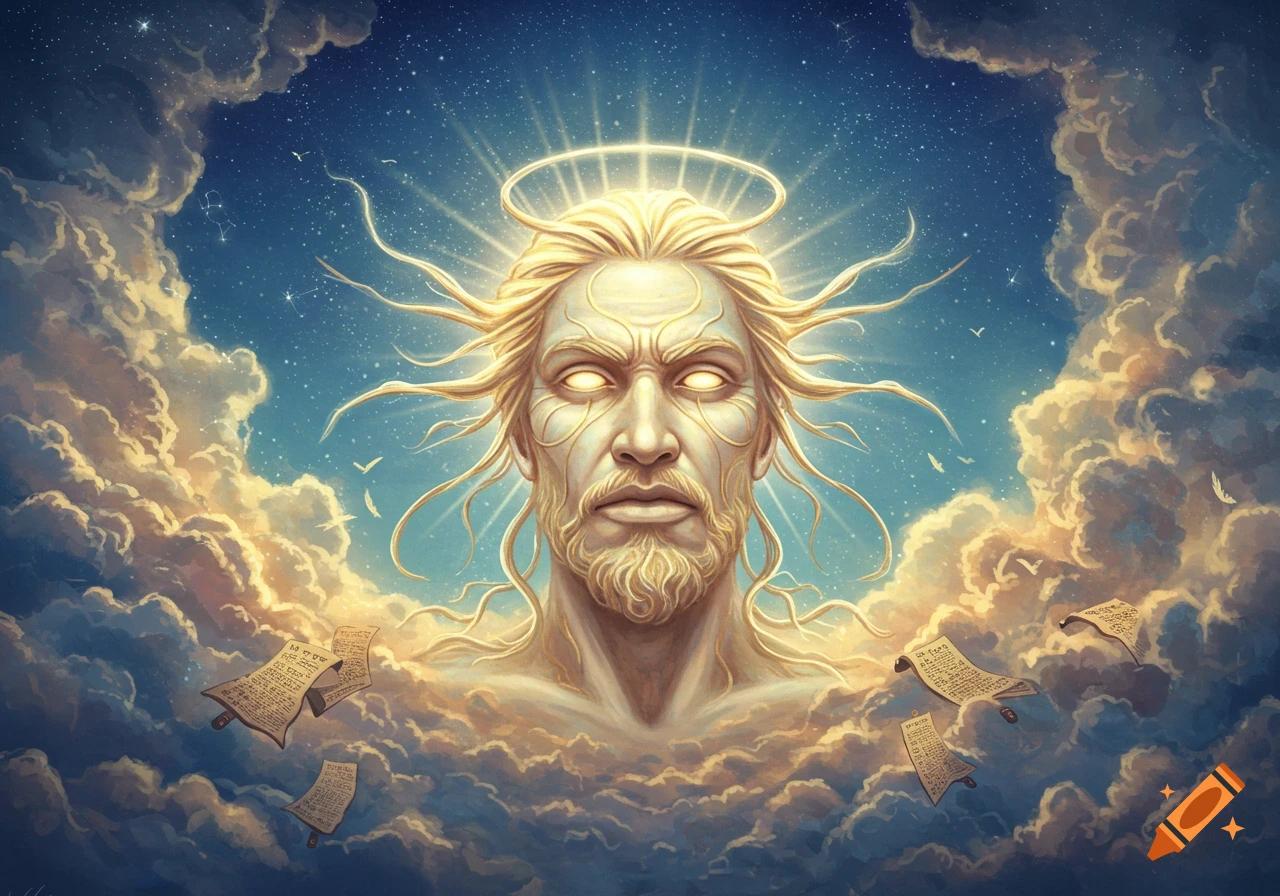 A divine, golden-haired figure with a halo and glowing eyes emerges from swirling clouds against a starry sky, with floating scrolls.