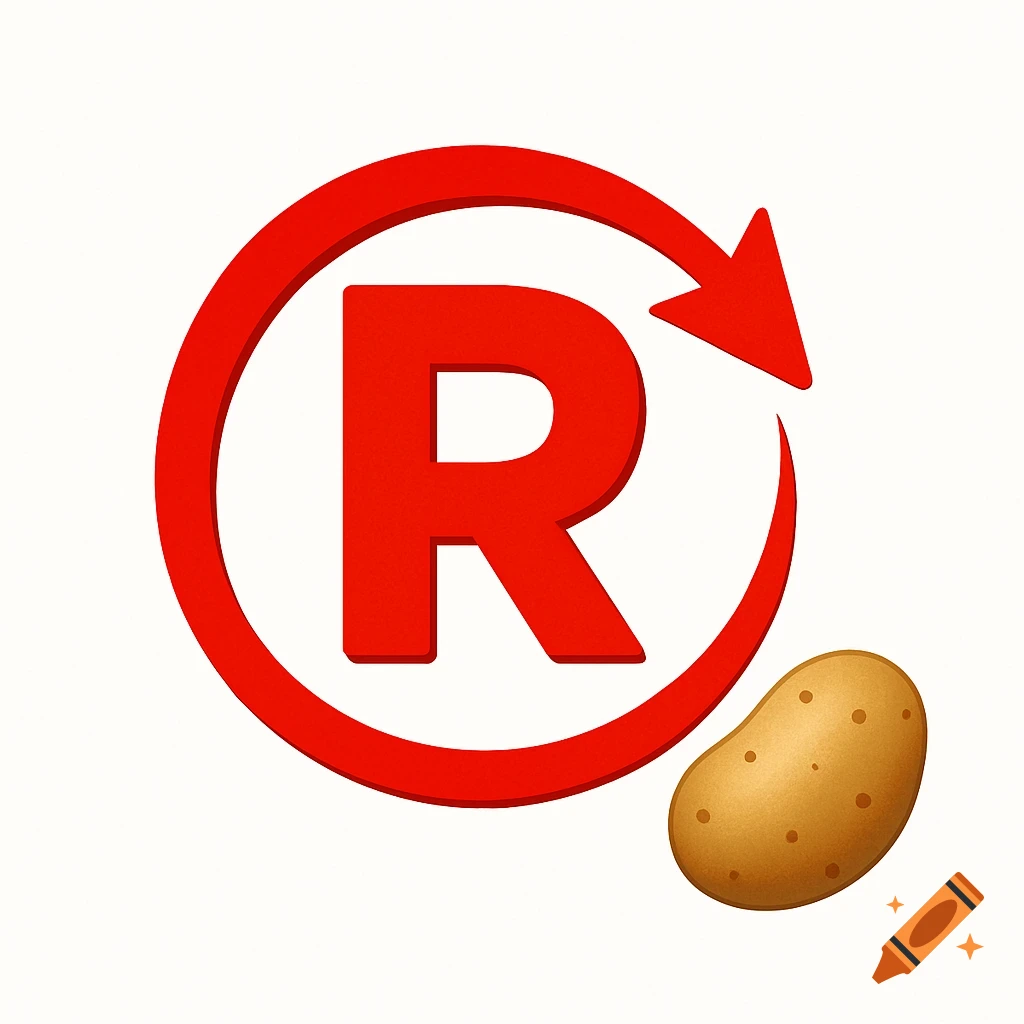 A red capital R inside a red circular arrow, with a brown potato emoji below it on a white background.