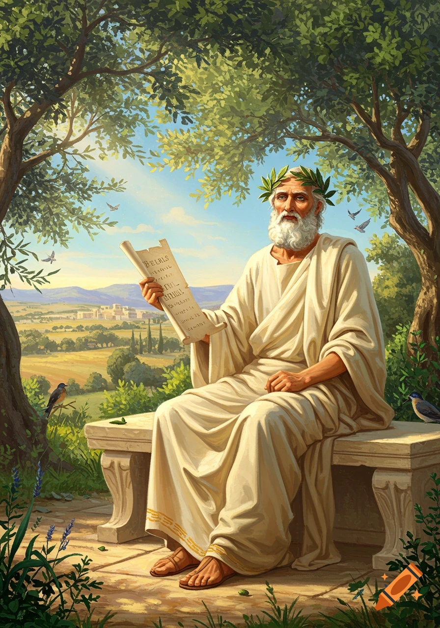 A bearded ancient Greek philosopher, wearing a laurel wreath and white robes, sits on a stone bench under olive trees, holding a scroll in a classical art style.