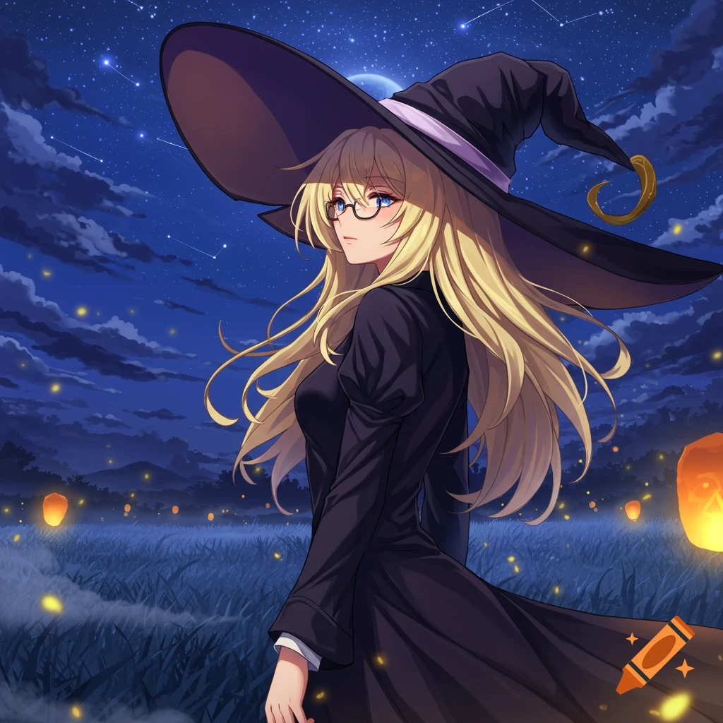 Anime woman with blonde hair, glasses, black dress, and witch hat in a moonlit field with glowing lanterns.