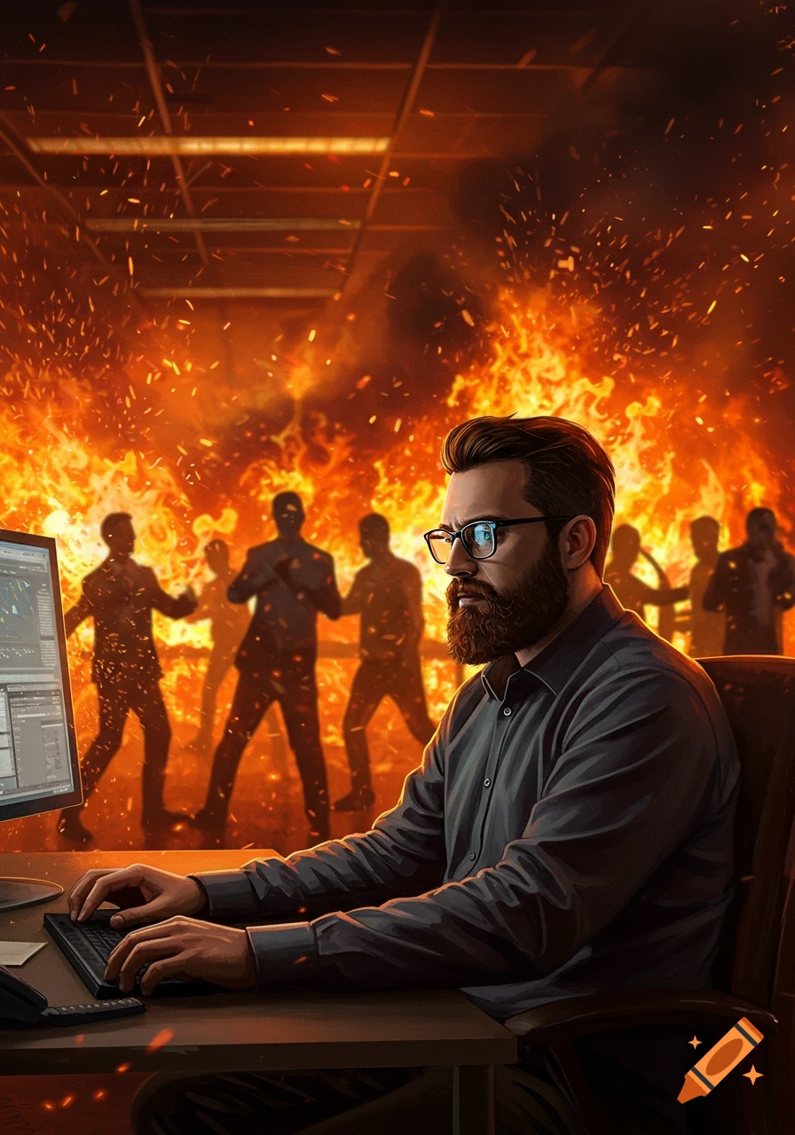 A calm bearded man in glasses works at a computer in a burning office where people are fighting in the background.