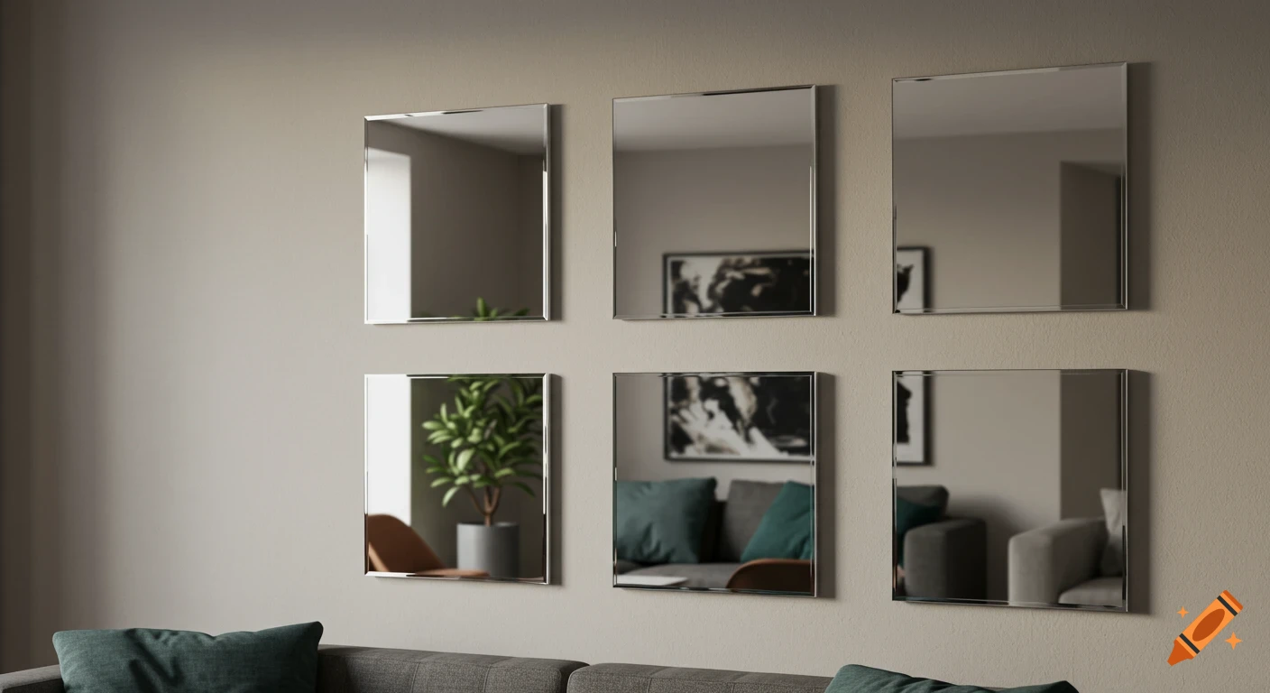 Six square frameless mirrors reflecting a modern living room with a couch, plant, and artwork on a light wall, photorealistic.