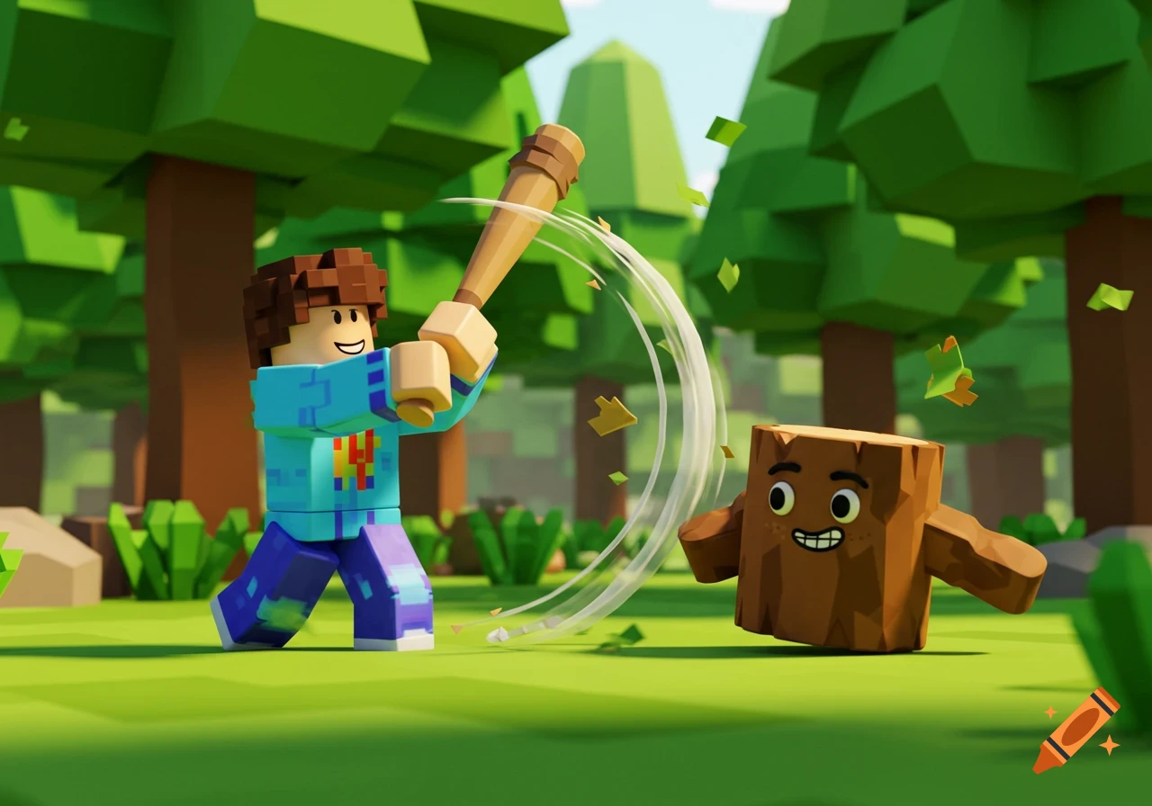 A blocky Roblox-style character in a forest swings a baseball bat at a smiling, surprised log creature.