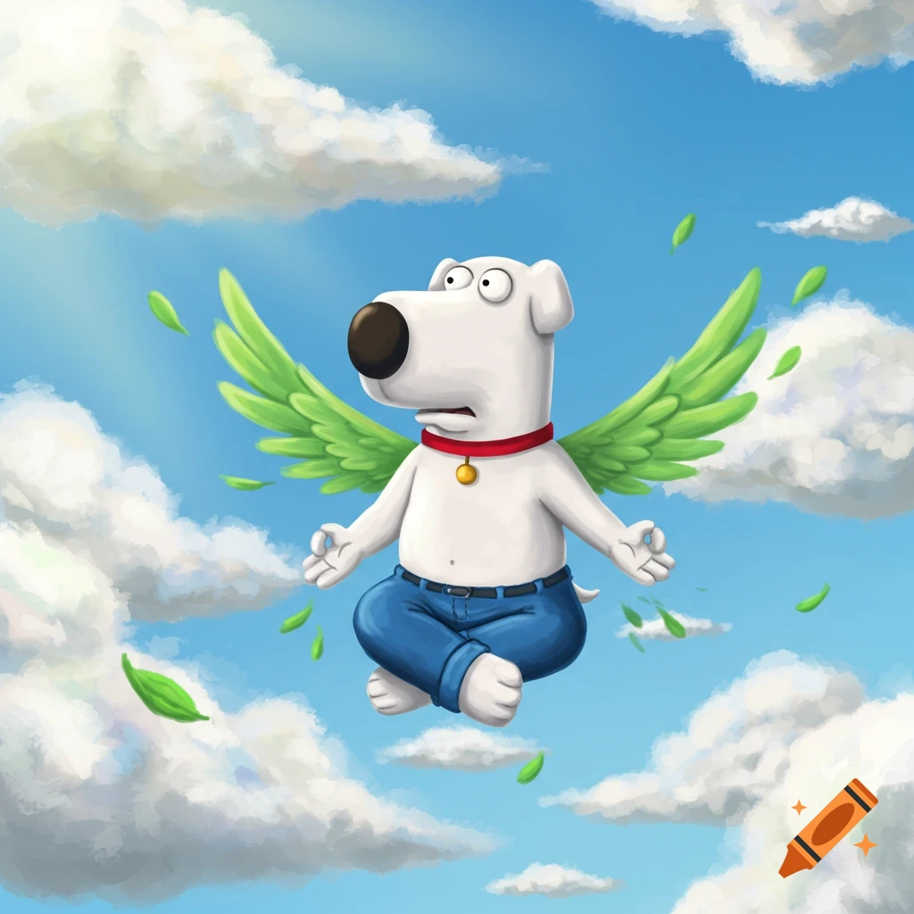 Cartoon white dog Brian Griffin with green wings meditates cross-legged, flying in a blue sky with clouds and falling leaves.