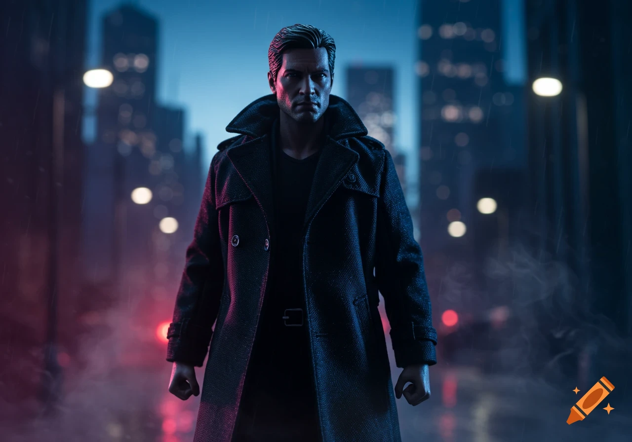 An action figure of a serious man in a trench coat stands on a rainy city street at night.