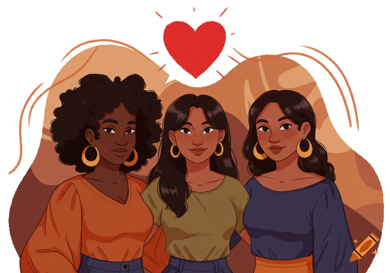 Digital illustration of three diverse women with varying hairstyles smiling, with a red heart above them, on a warm background.