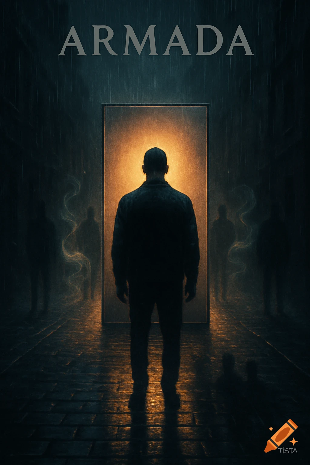 A man's silhouette stands in a rainy alley facing a glowing rectangular light, with shadowy figures and glowing mist around him. Text 'ARMADA' at top.