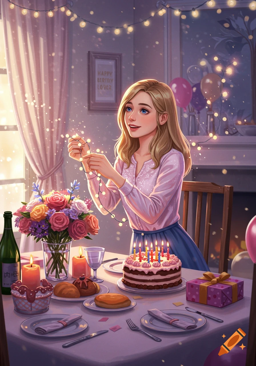 Digital art of a smiling woman hanging string lights for her birthday, with cake and gifts on a table.