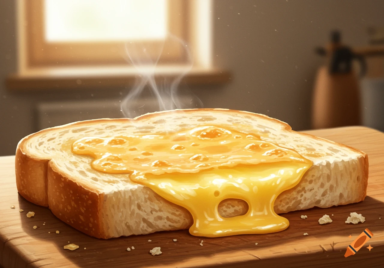 A steaming slice of golden toast covered in melted yellow cheese, on a wooden board, digital art style.