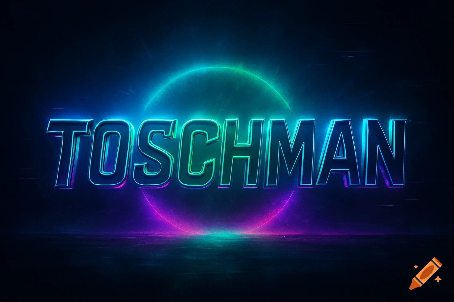 3D neon glowing text spelling 'TOSCHMAN' in blue and green with a purple glow on a dark, reflective surface.