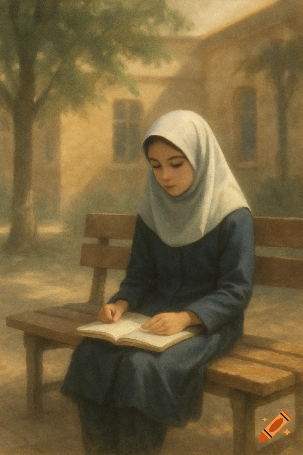 A young Iranian girl in a headscarf and manteau sits on a bench, reading an open book in a soft, painterly style.